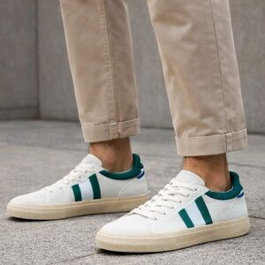 Rothy's White Canvas Sneaker with Green Collar